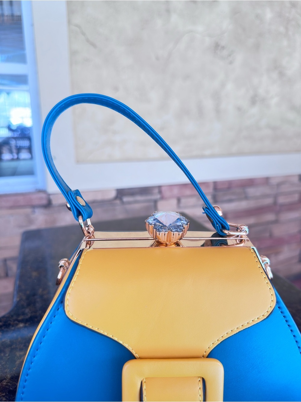 Accessorize Blue Yellow Top Handle Crossbody Bag Crystal Clasp - Picture 10 of 16